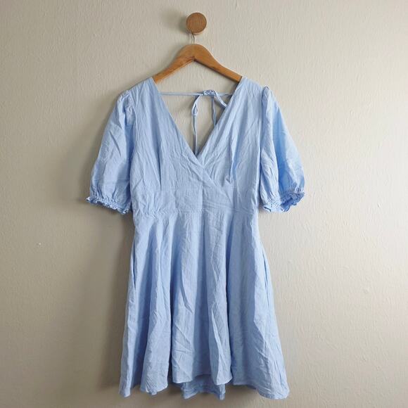 Lulus Dreaming of Paris Blue Puff Sleeve Mini Dress - Cotton Skater Pockets L - Picture 5 of 13